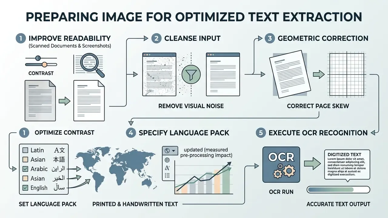 Five-step infographic showing how to improve readability, cleanse noise, correct skew, and set languages