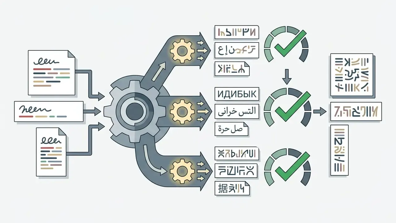 Documents and text strings flowing through a gear system to be validated and rendered as multilingual banners