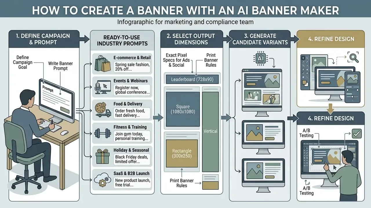 Four-step infographic detailing the process of defining prompts, selecting sizes, and refining designs