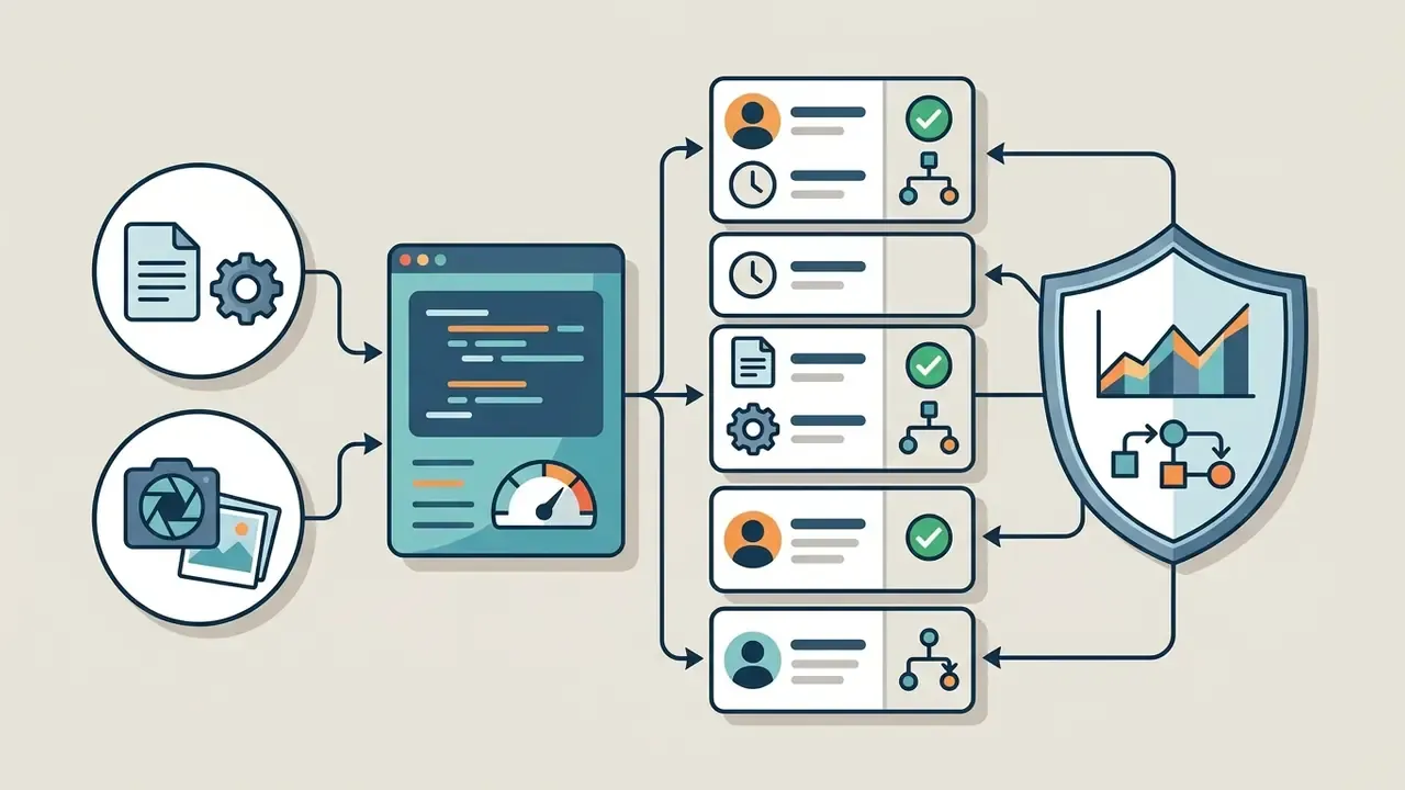 Data inputs flowing into a central processing unit that links to audit logs protected by a security shield