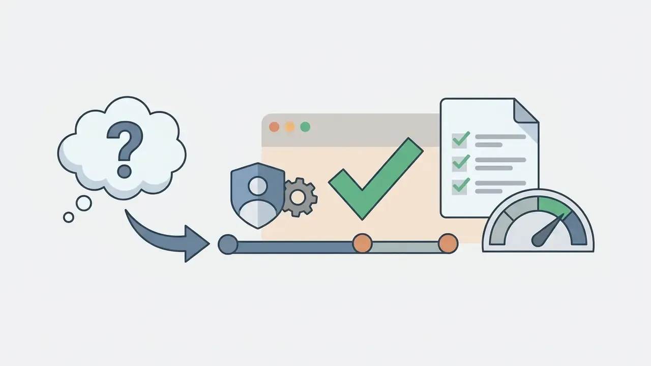 Question bubble pointing to a progress bar with a shield icon, checkmark, checklist, and speed gauge