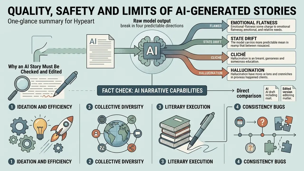 Summary of narrative risks showing how AI model output can lead to emotional flatness, drift, and errors