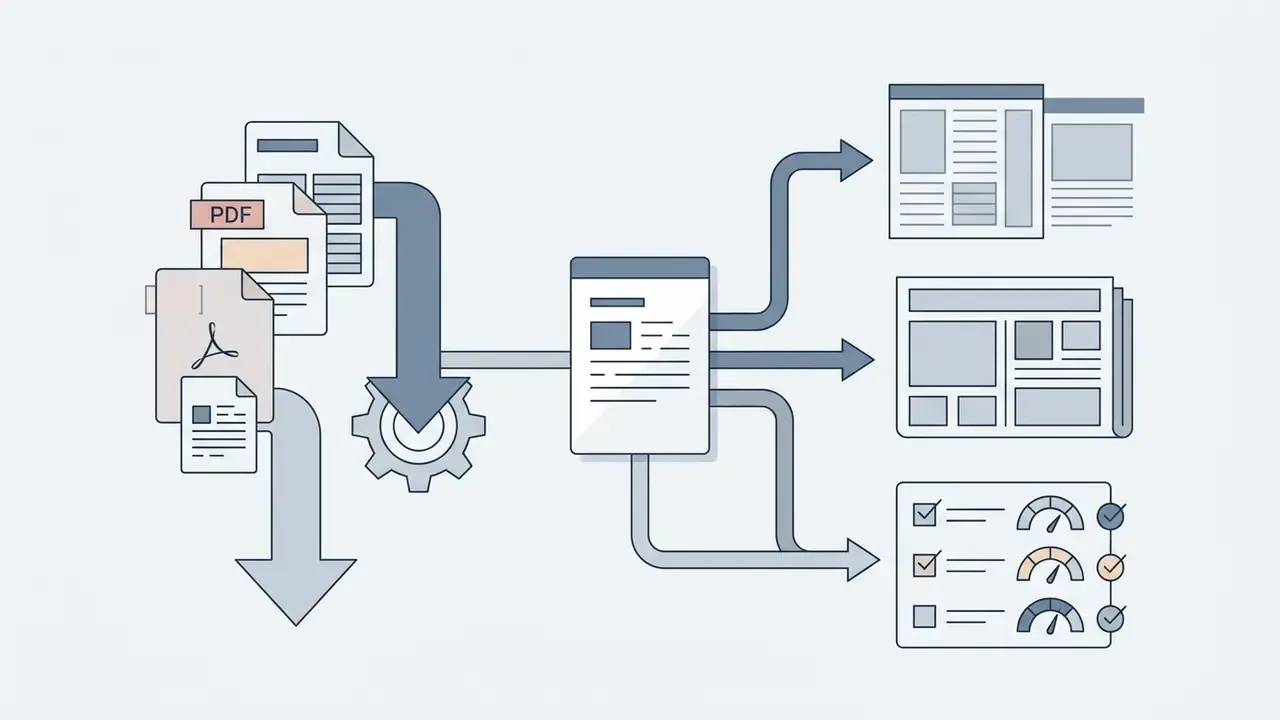 Documents flowing through a processing gear to be exported as PDF files or shared to digital platforms