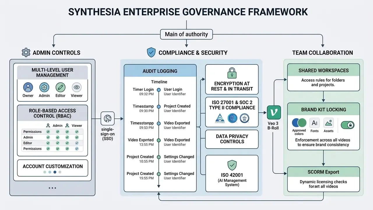 Diagram of enterprise governance framework showing admin controls, security compliance, and team collaboration
