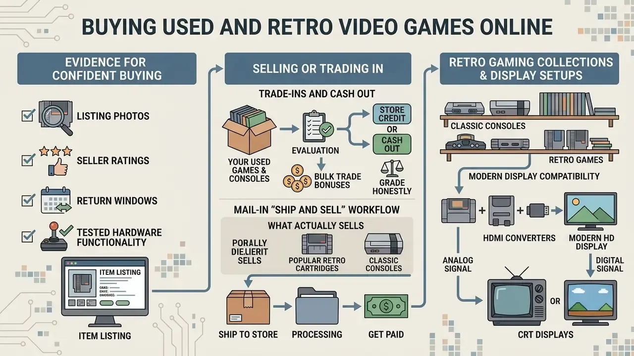 Diagram detailing trade-in processes, collection management, and display options for retro video games