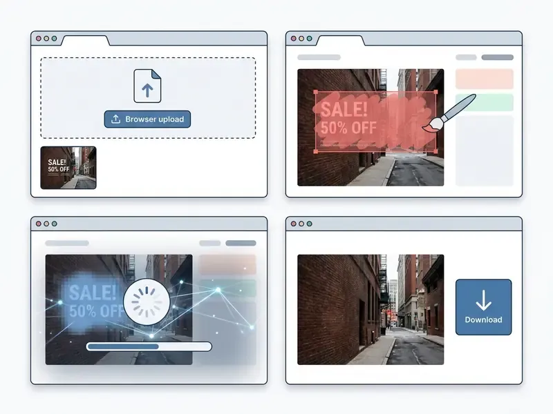 Browser interface showing file upload, brush tool text selection, AI processing, and final file download