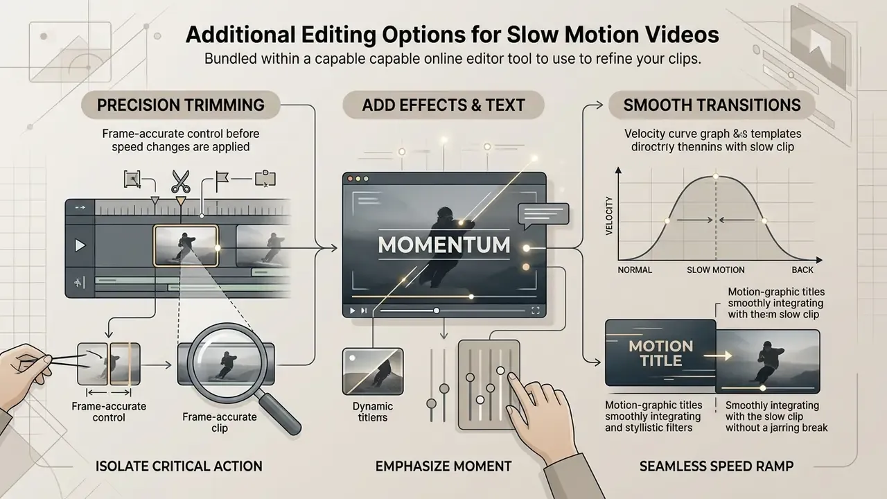 Infographic showing precision trimming, adding effects, and velocity curves for refined video clips