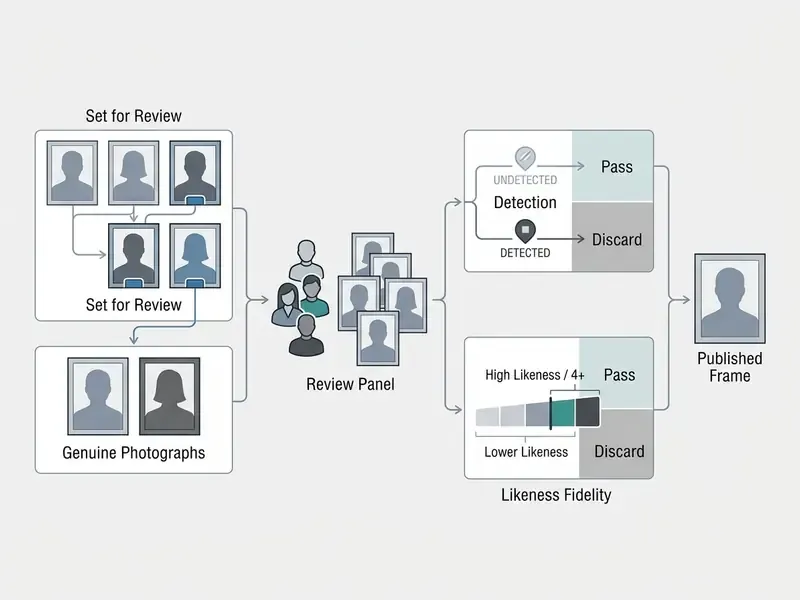 Process diagram showing a review panel evaluating headshots for detection status and likeness fidelity