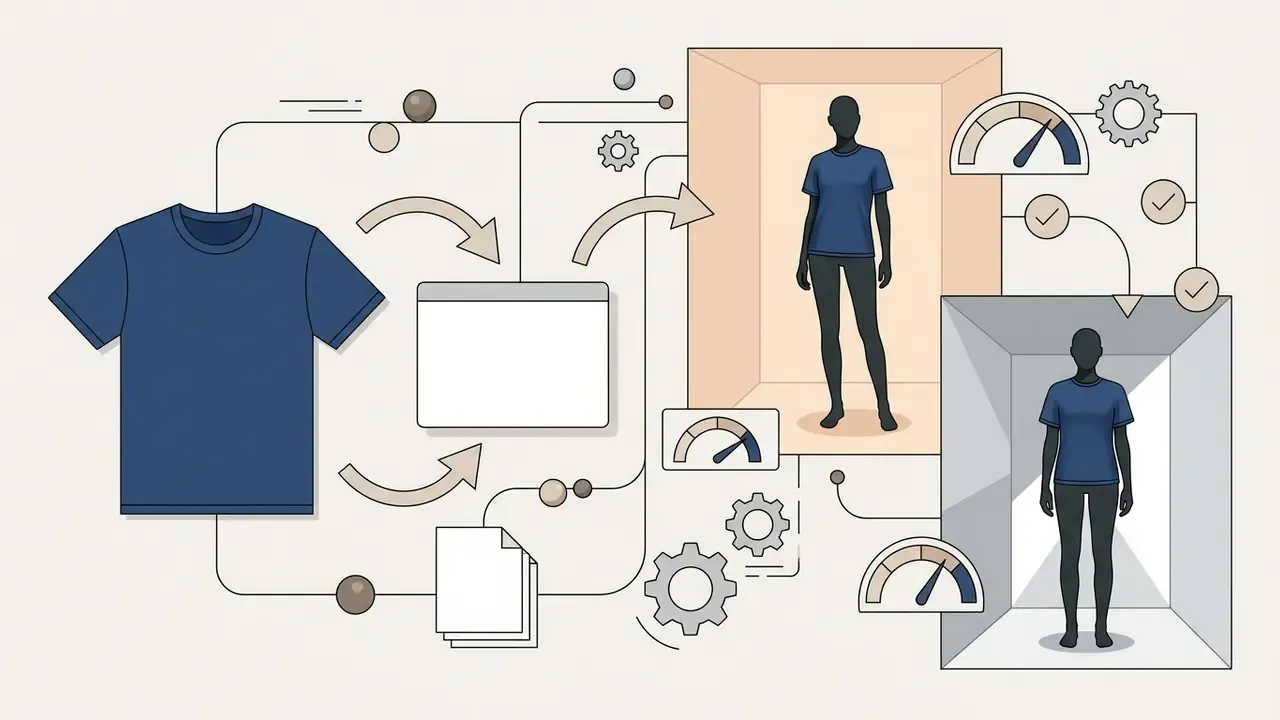Flat blue t-shirt transforming through digital gears into a virtual model wearing the garment