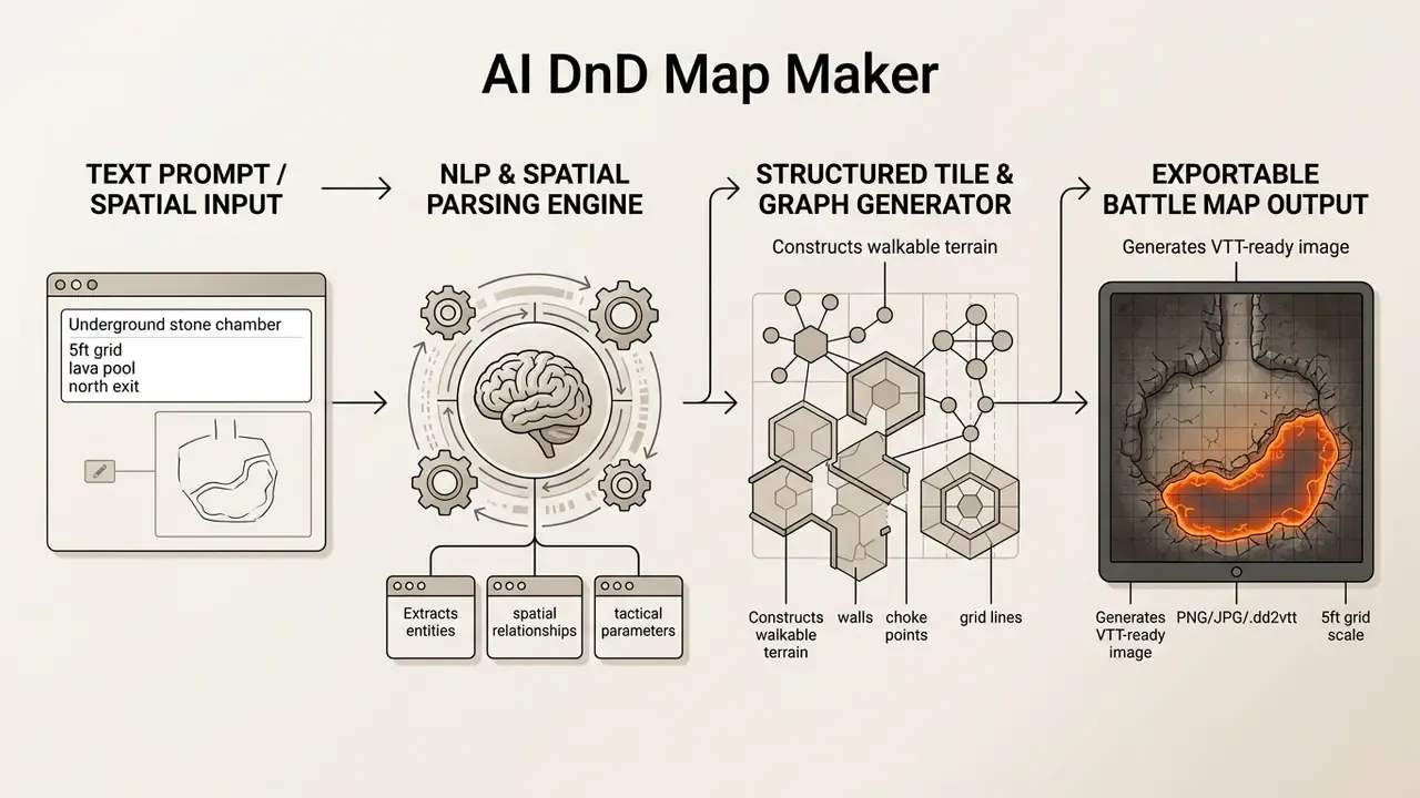 Flowchart showing how text prompts are processed by an AI engine to generate a grid-based battle map