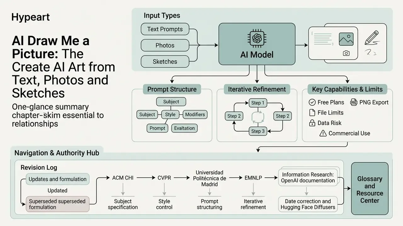 Summary of AI art generation processes including input types, prompt structure, and a revision log