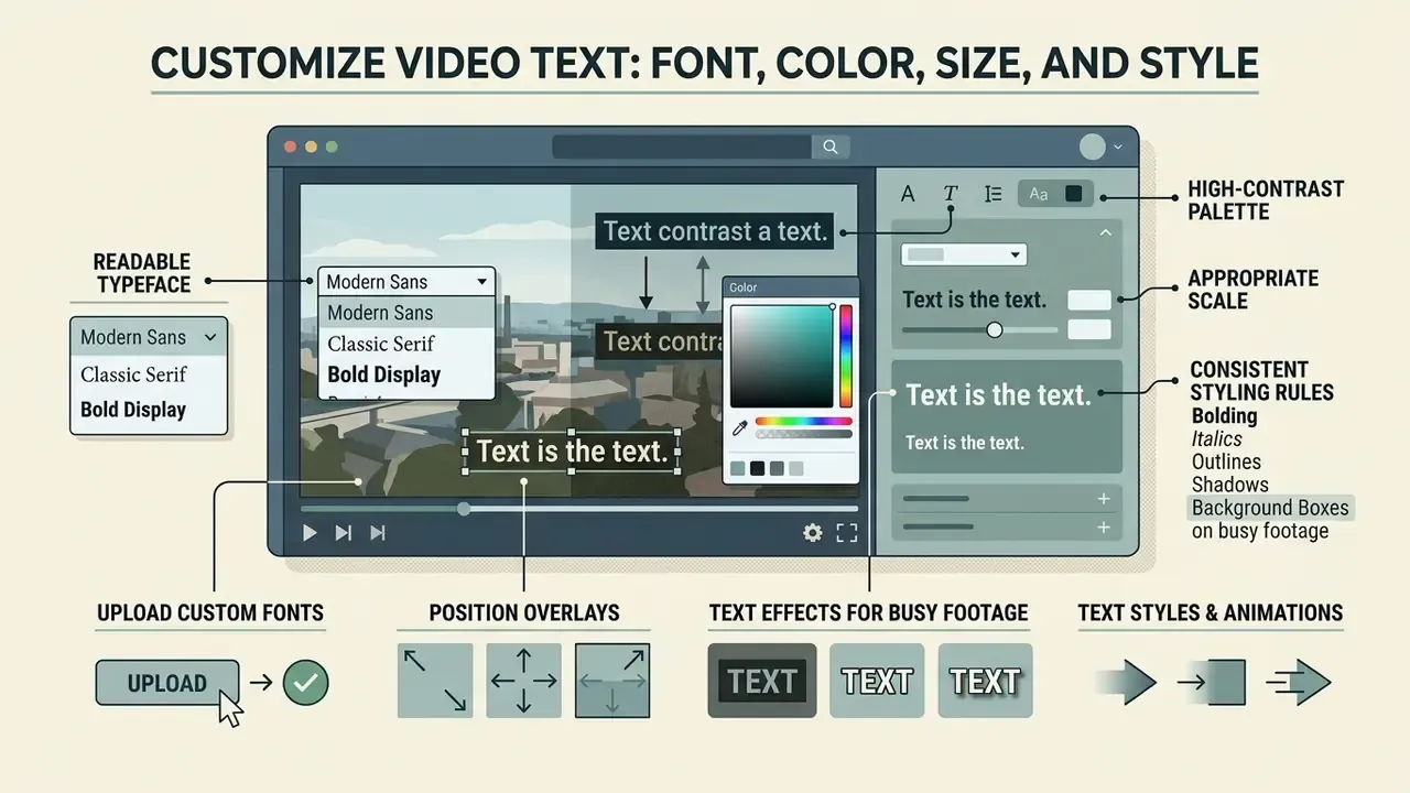 Video editor interface showing options to adjust font, color, scale, and text effects for video overlays