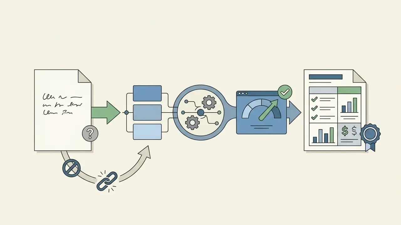 Questioned document with a broken link feeding into a gear system and gauge to produce a verified report