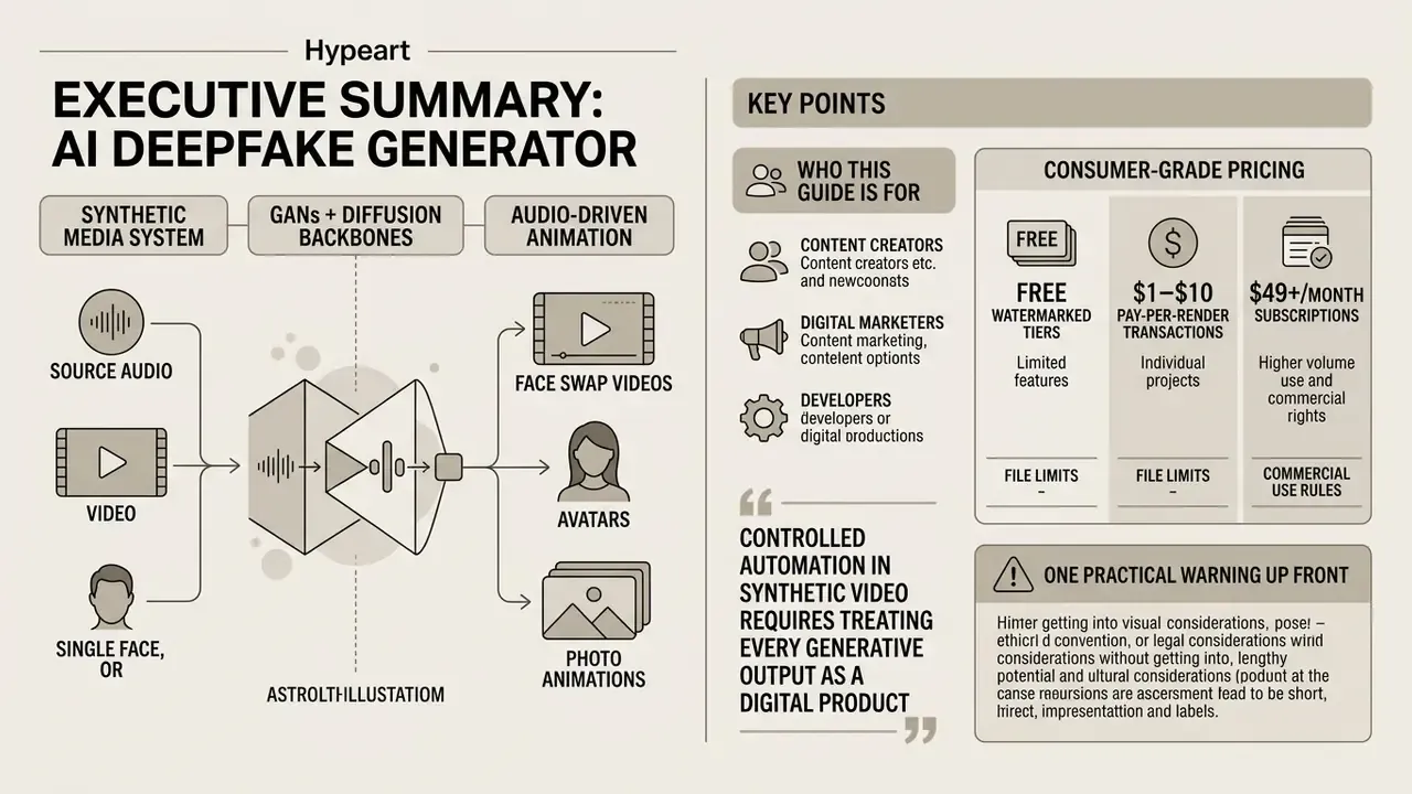 Infographic showing how an AI deepfake generator processes audio and video inputs into synthetic media
