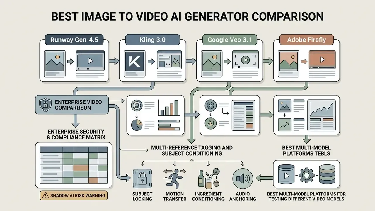 Diagram mapping top AI video tools to enterprise security and technical conditioning features