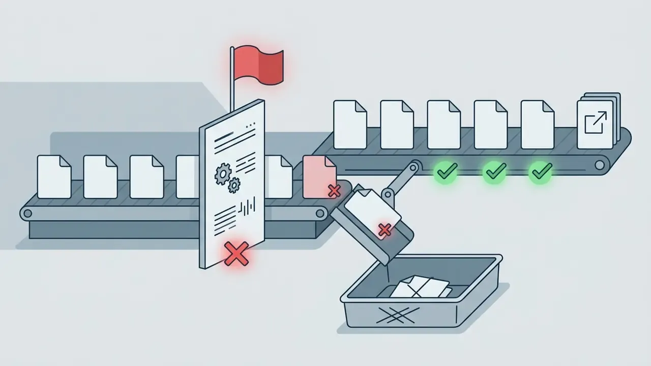 Conveyor belt moving documents through a validation gate where flagged items are removed into a bin