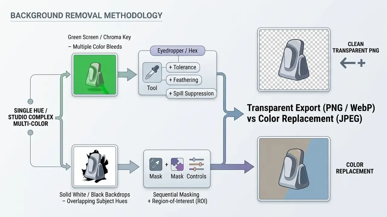 Flowchart comparing color remover techniques for green screens and solid backdrops to create transparent files