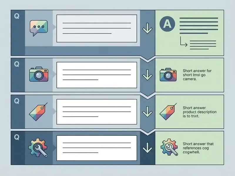 Accordion menu showing icons and text inputs alongside corresponding short answers for various content types