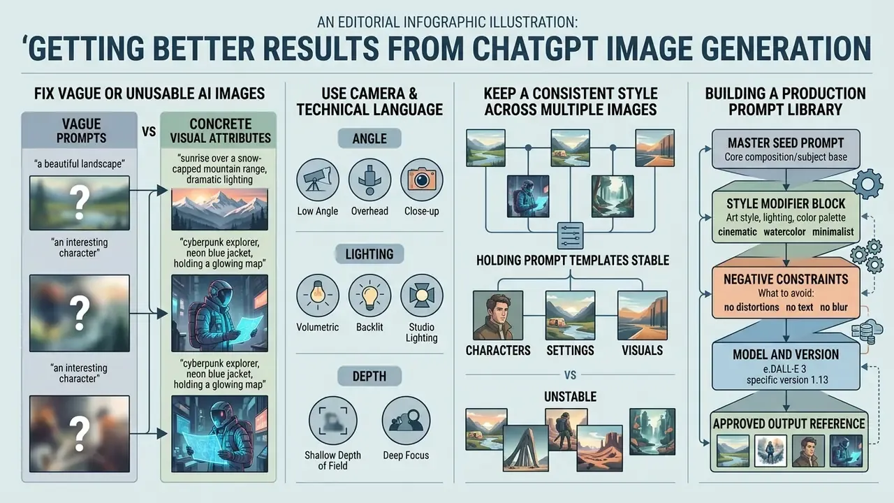 Infographic comparing vague versus concrete prompts, camera settings, and prompt library structures