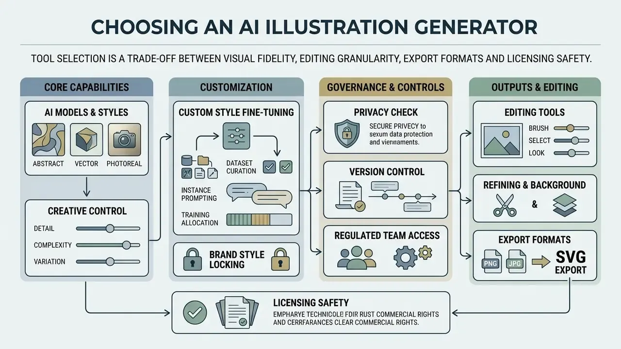 Diagram mapping key considerations for tool selection including capabilities, customization, and governance