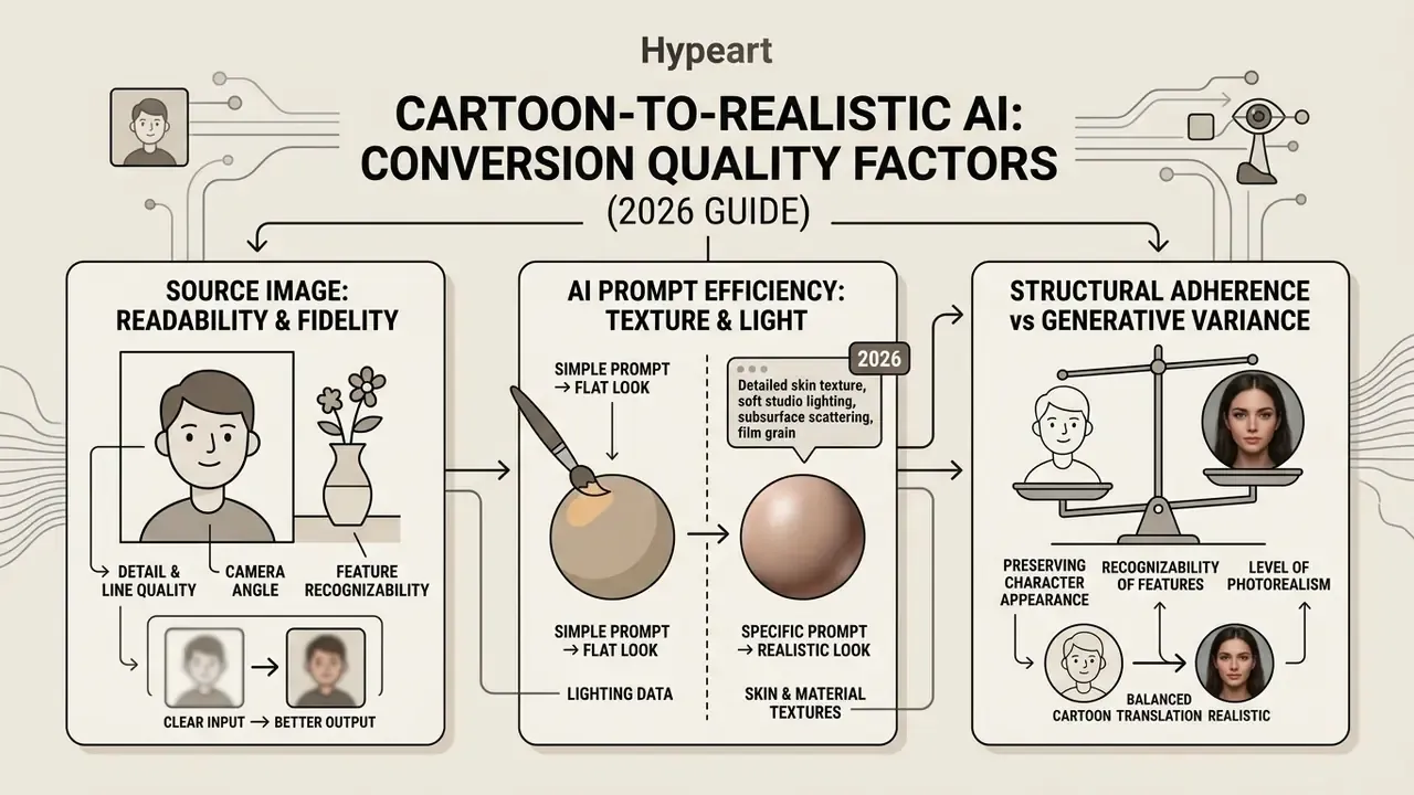 Infographic outlining three core factors for cartoon to realistic AI conversion quality