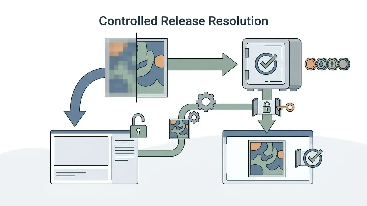 Low resolution art preview being stored in a vault and unlocked for token holders to access the master file