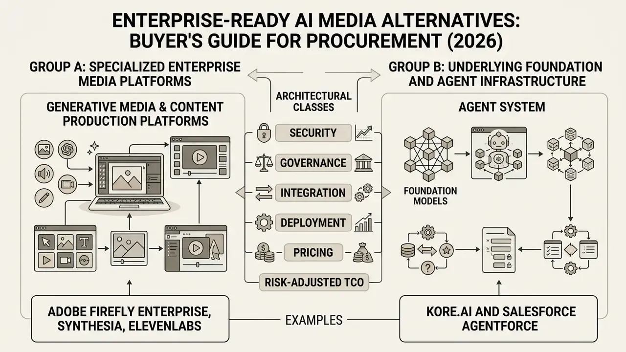 Taxonomy chart comparing generative media platforms with agent infrastructure and architectural classes