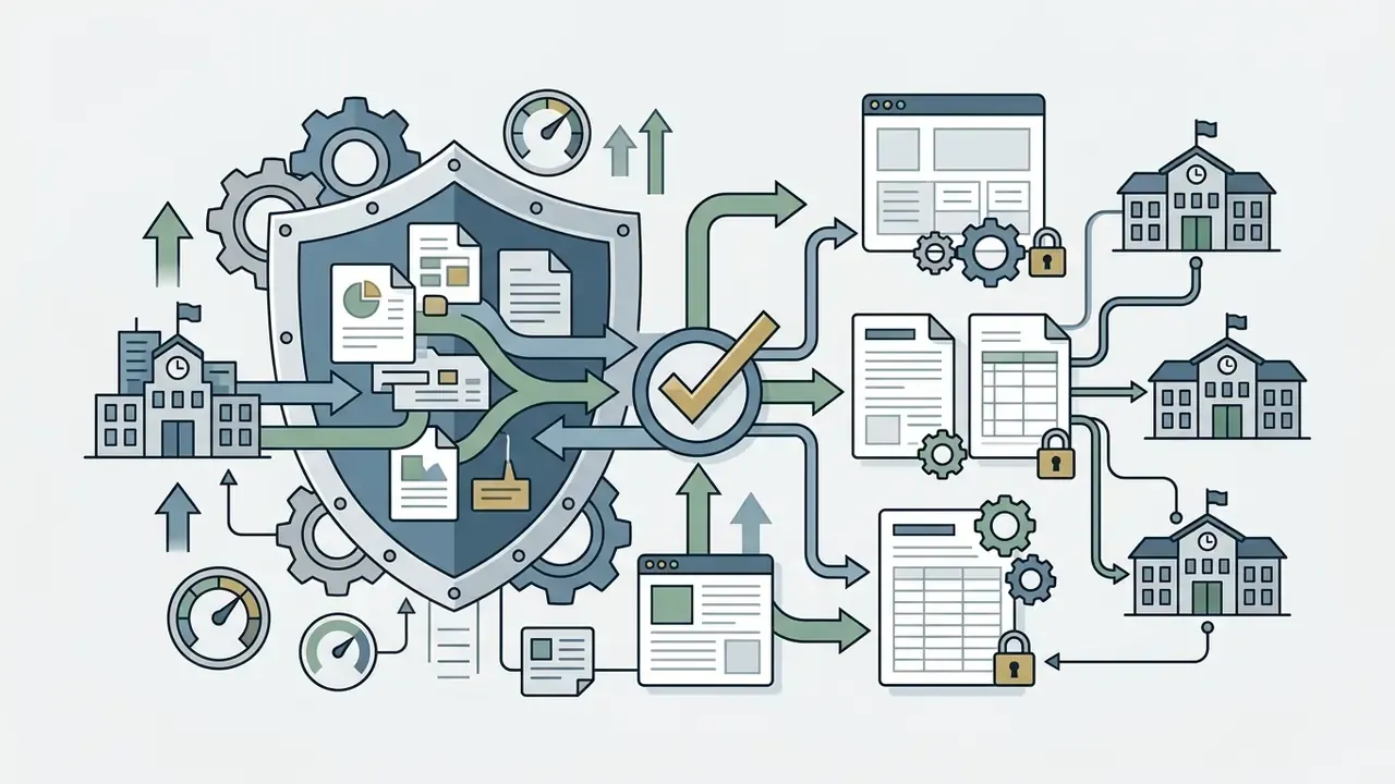 School records flowing through a protective shield into verified documents and secured district networks
