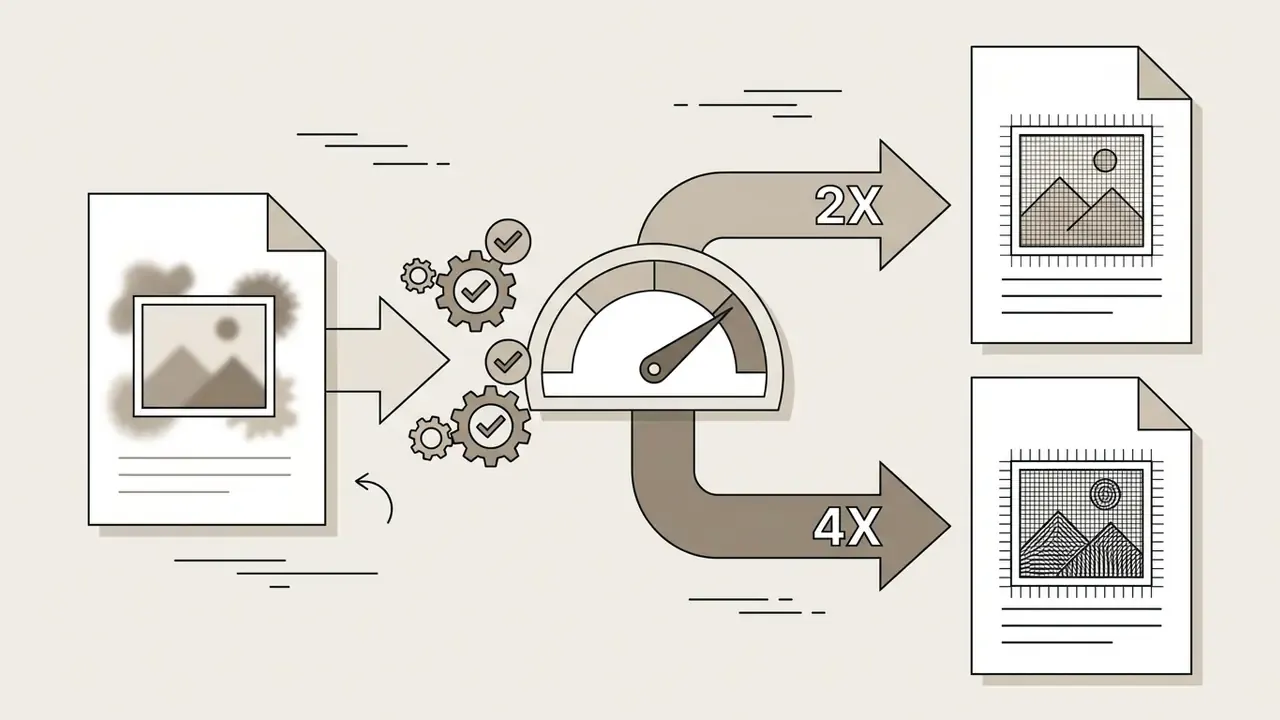 Document processing through gears and a gauge to produce two separate upscaled image files
