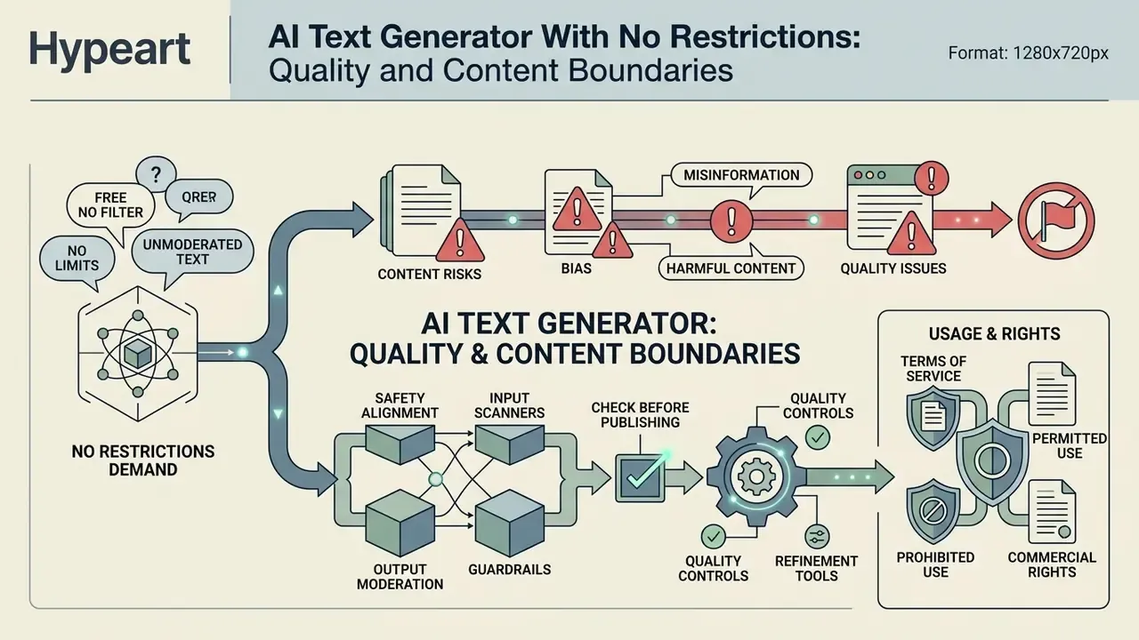 Flowchart contrasting risks of unmoderated AI text generation with structured safety and quality guardrails