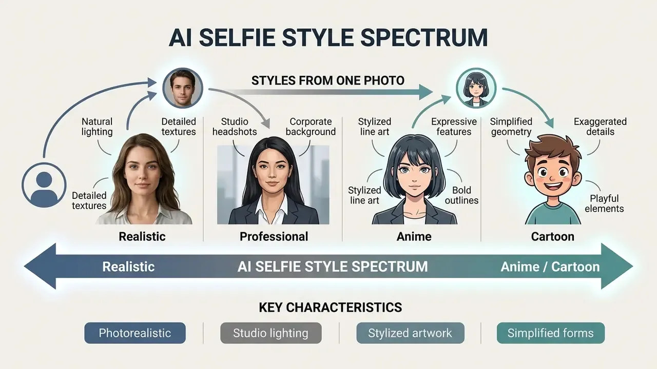 Visual progression from realistic and professional portraits to stylized anime and cartoon characters