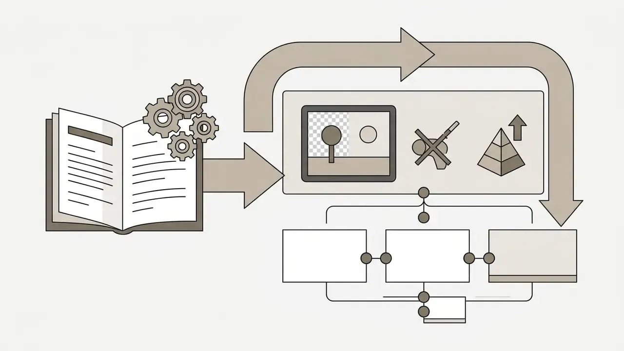 Open book with gears feeding into icons for image editing and a connected network of blank panels