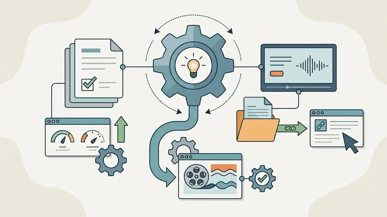 Documents and audio files feeding a gear mechanism that directs data to a web link and media project
