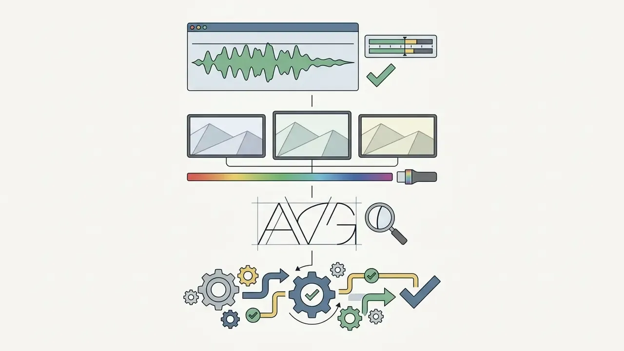 Audio waveform, color grading spectrum, and typography design flowing into a system of mechanical gears