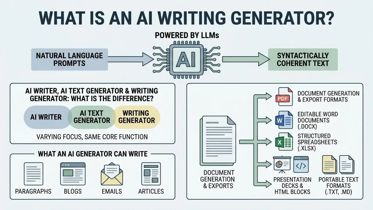 Diagram showing how an AI writing generator processes prompts into coherent text and various file formats