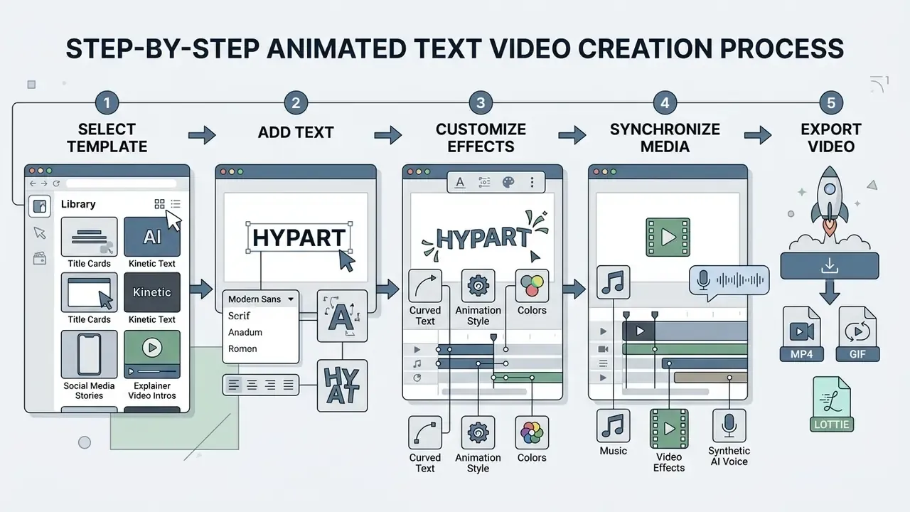Linear workflow diagram illustrating five stages from template selection to final video file rendering