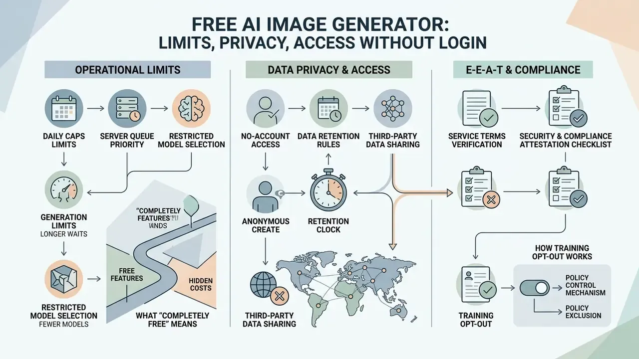 Flowchart detailing operational limits, data privacy, and compliance standards for free image generation tools