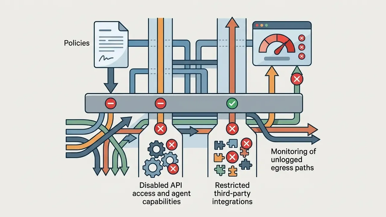 Policy controls blocking API access and third-party integrations to prevent unlogged data egress paths