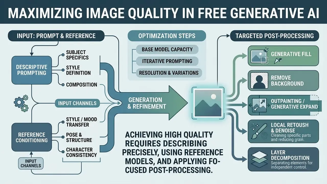 Flowchart showing input methods, generation refinement, and post-processing steps for image creation