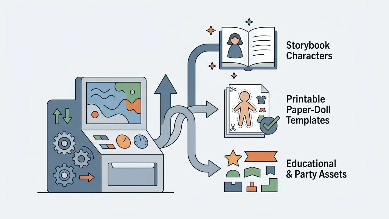 Machine processing digital inputs into storybook characters, printable paper-dolls, and party assets
