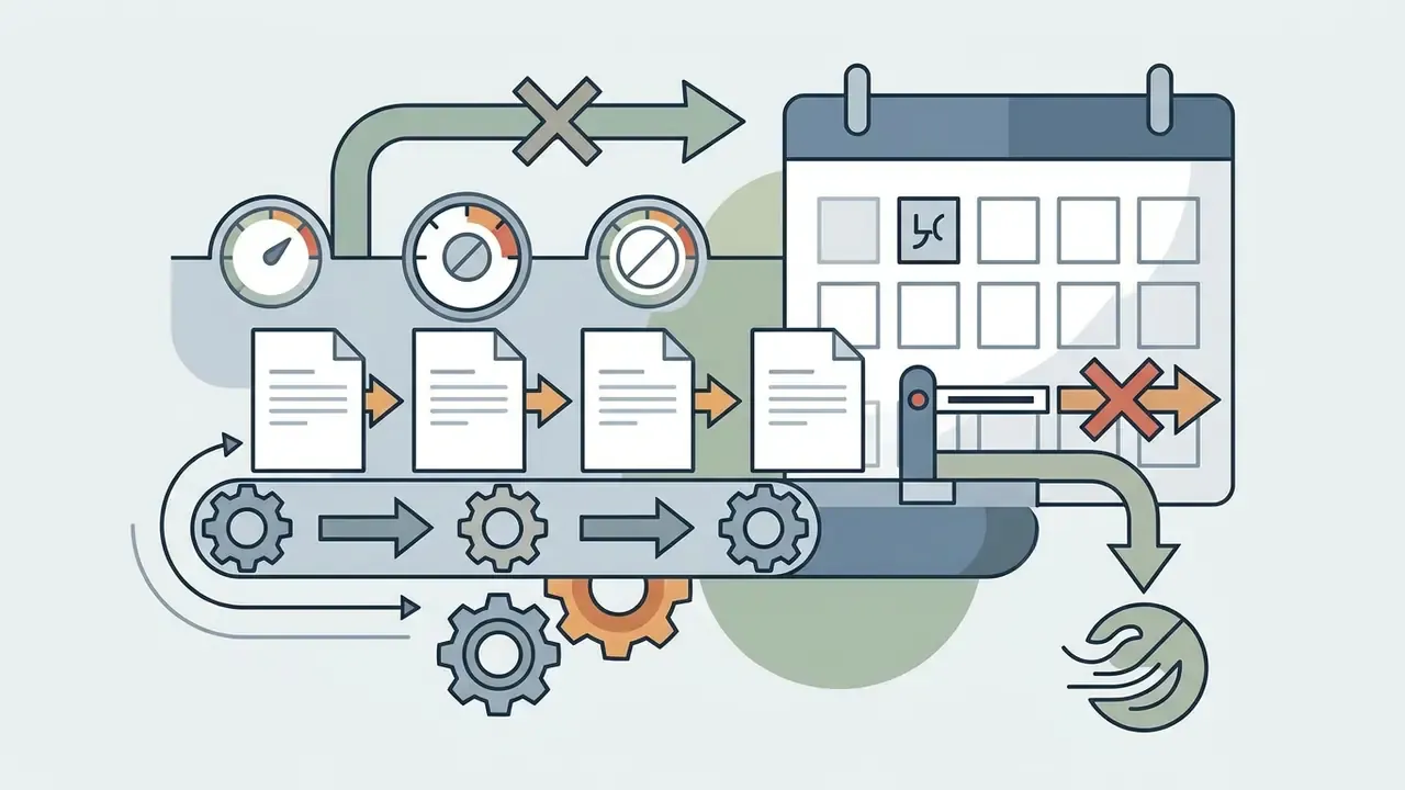 Conveyor belt moving documents past gauges toward a calendar with blocked arrows for AI video pricing