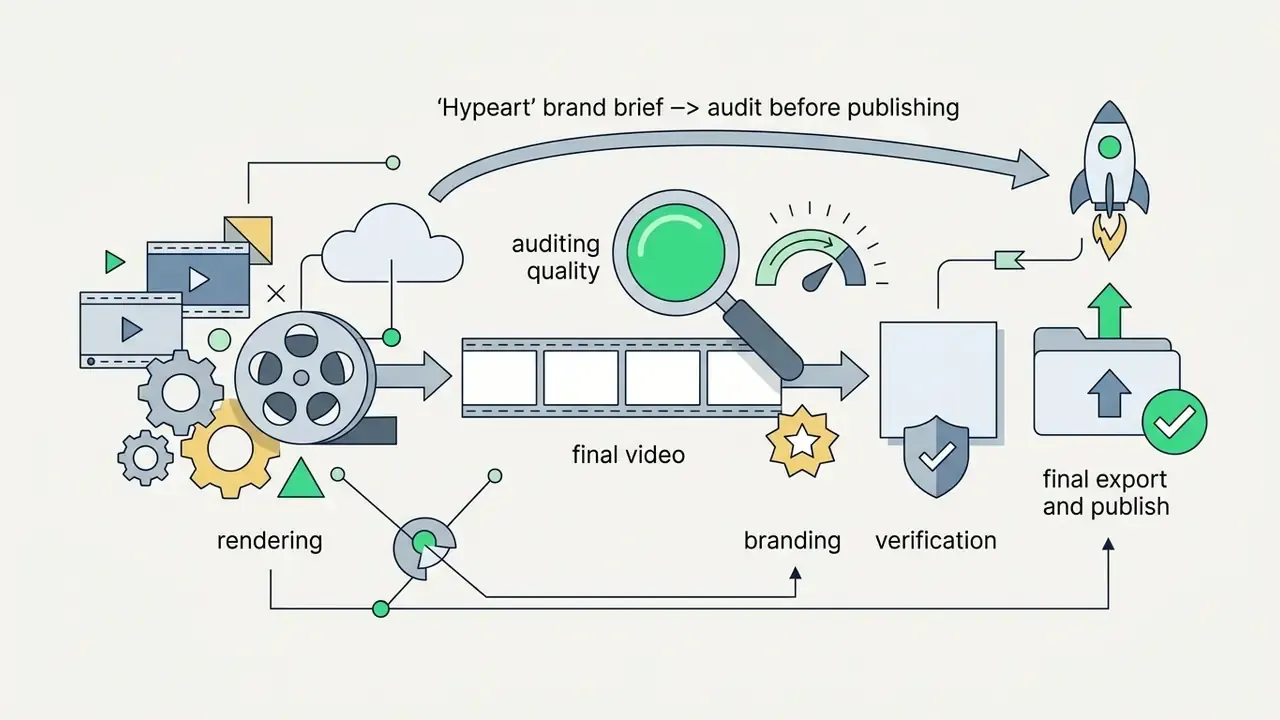 Rendering pipeline showing video creation, quality auditing, branding checks, and final file export