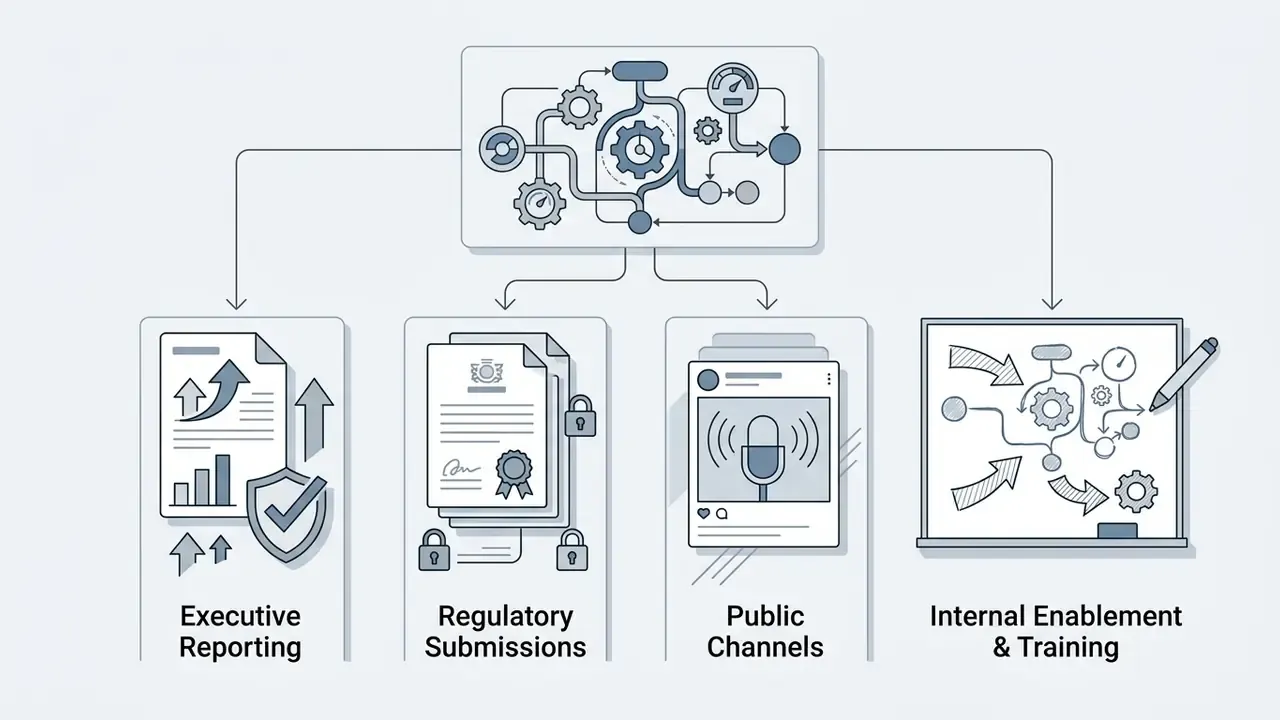 Central gear system distributing processed content into executive, regulatory, public, and training formats