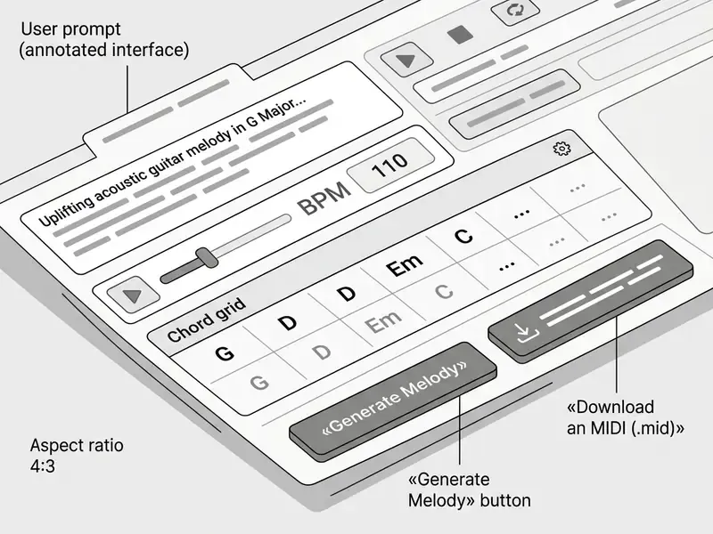 Annotated software interface featuring a text prompt field, tempo slider, chord grid, and MIDI export button