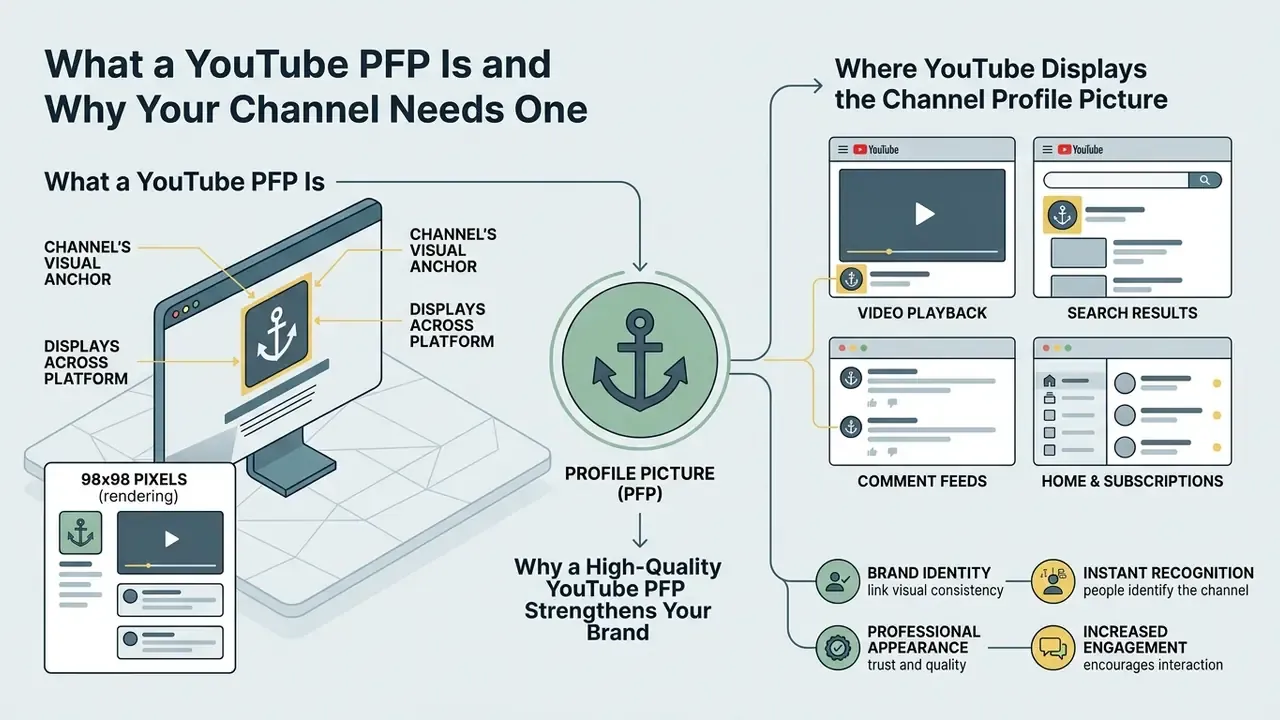 Diagram showing how a YouTube PFP functions as a visual anchor across playback and search results
