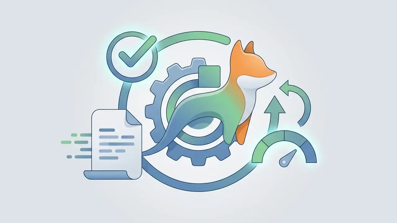 Stylized fox character integrated with a gear, document, checkmark, and speed gauge icon