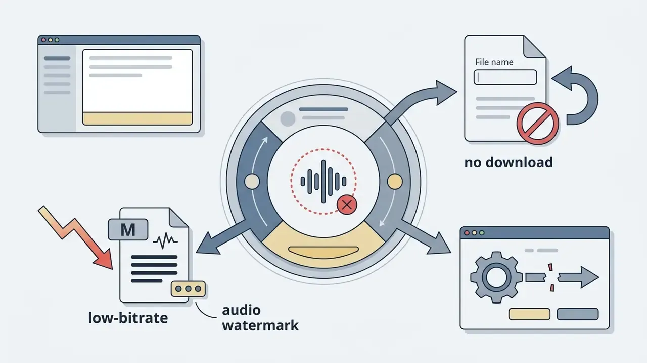 Central audio icon connecting to file limitations like low bitrate, watermarks, and disabled downloads