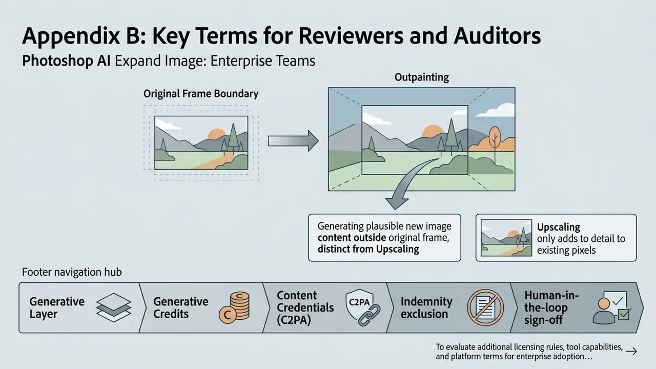 Diagram contrasting outpainting with upscaling alongside a navigation hub of key enterprise terminology