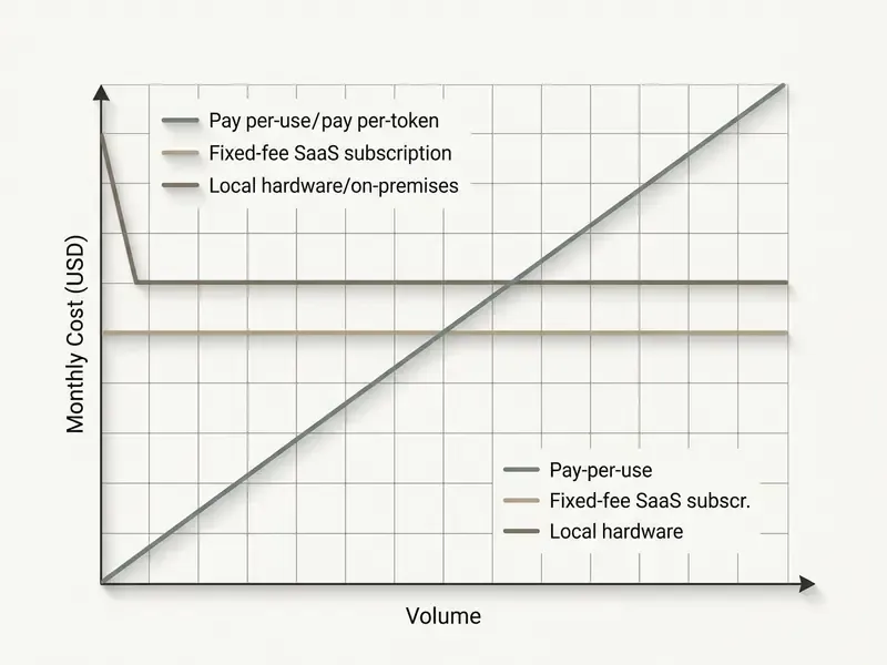 Line graph comparing monthly costs of pay-per-token API, SaaS subscriptions, and local hardware
