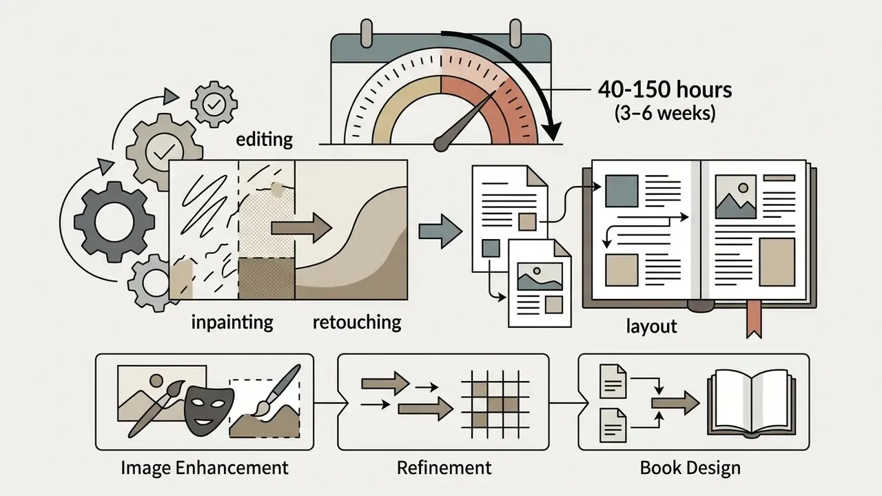 Gears and a gauge showing time requirements for editing, inpainting, and laying out book illustrations